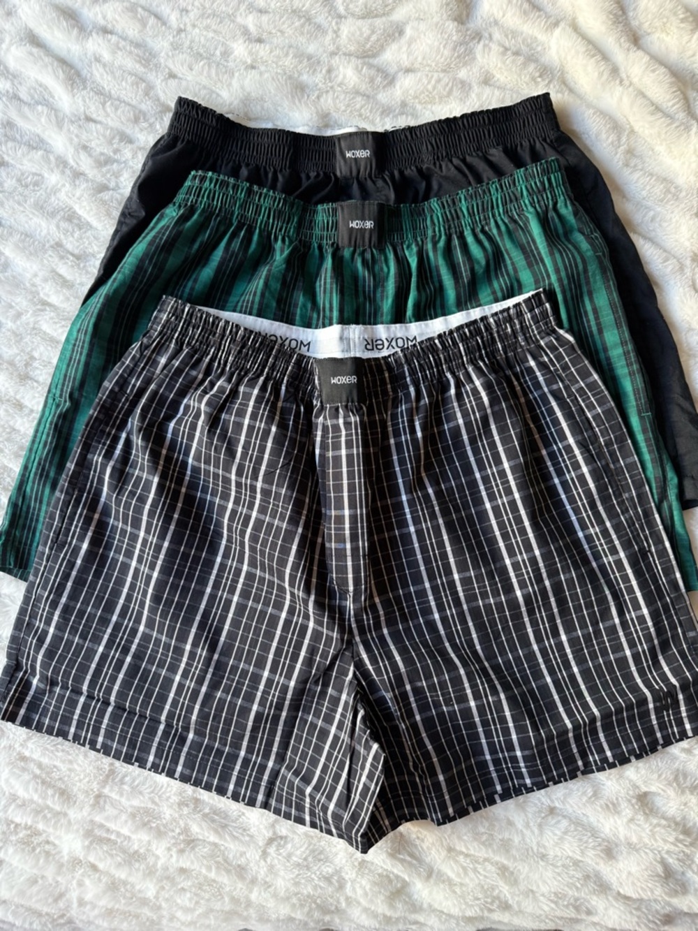 Woxer Unisex 3-Pack Classic Cotton Boxers - Black, Green, Black Plaid